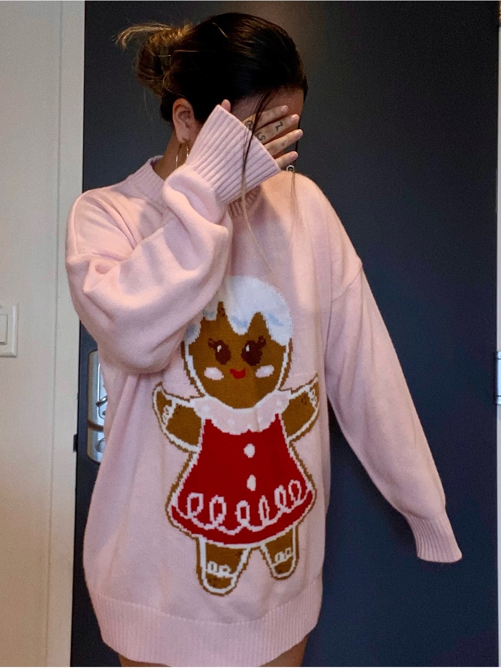 Cozy Pink Gingerbread Graphic Sweater